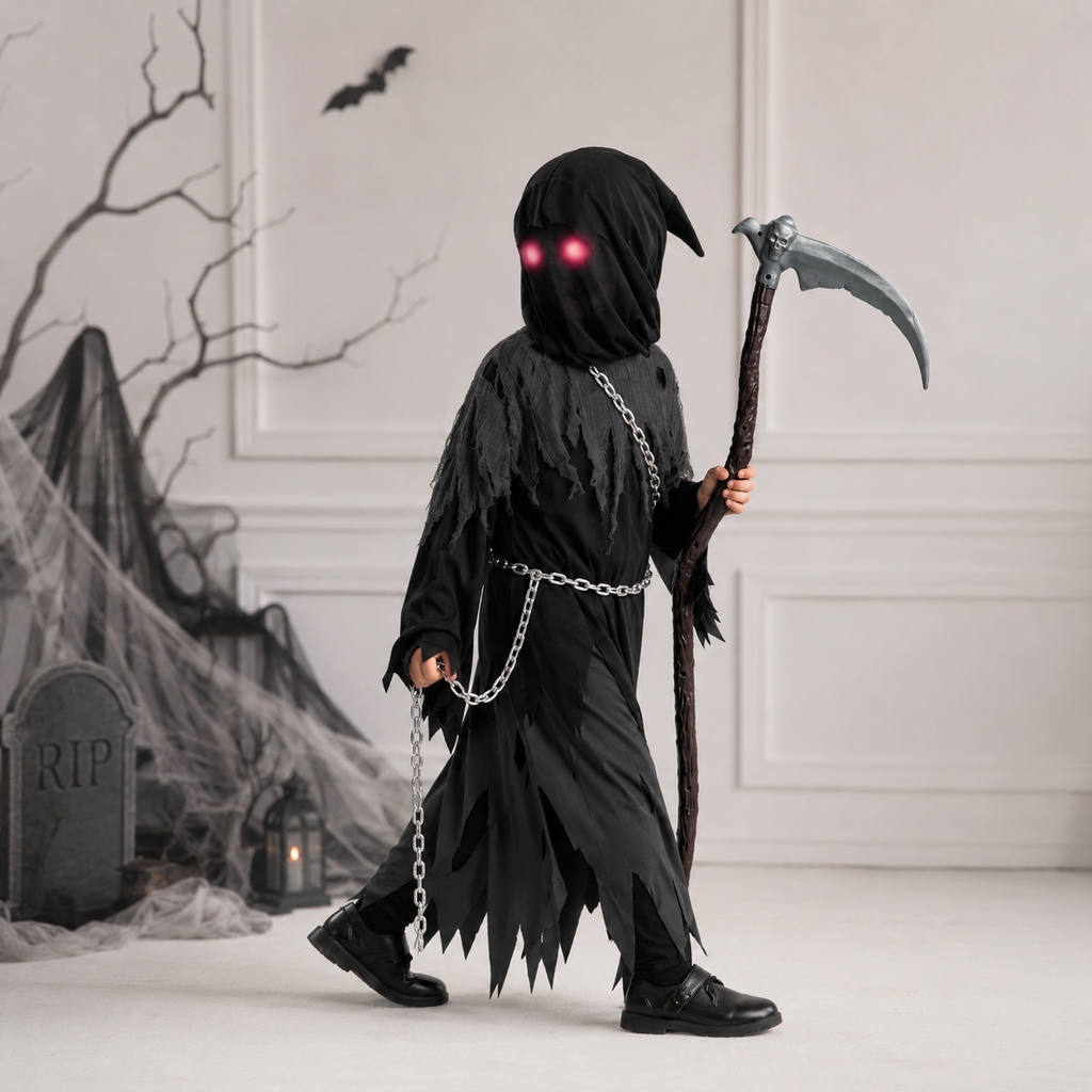 Halloween Dziecięcy Strój żniwiarza z Kosą świecącymi Oczami i Akcesoriami - Image 1