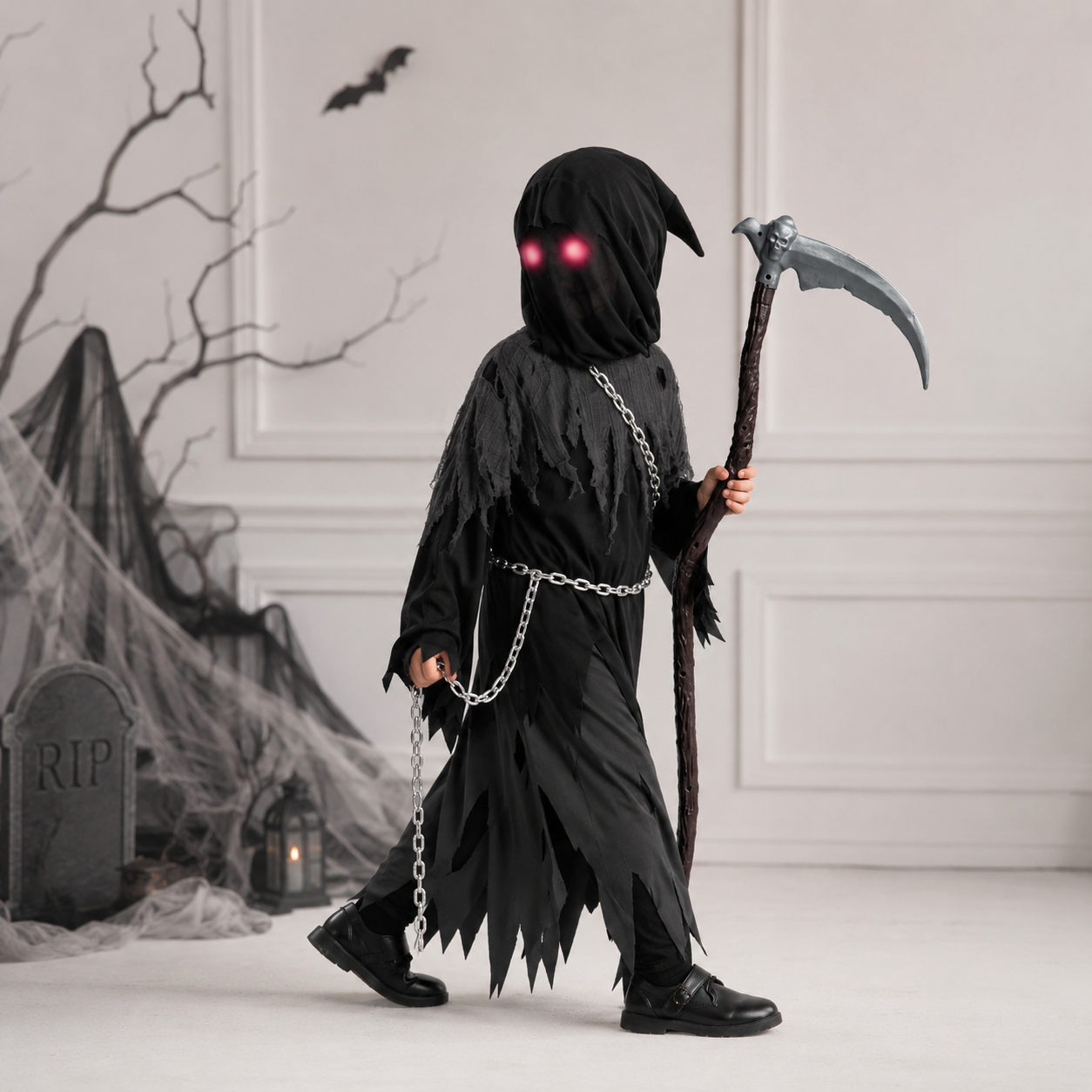 Halloween Dziecięcy Strój żniwiarza z Kosą świecącymi Oczami i Akcesoriami - Image 1