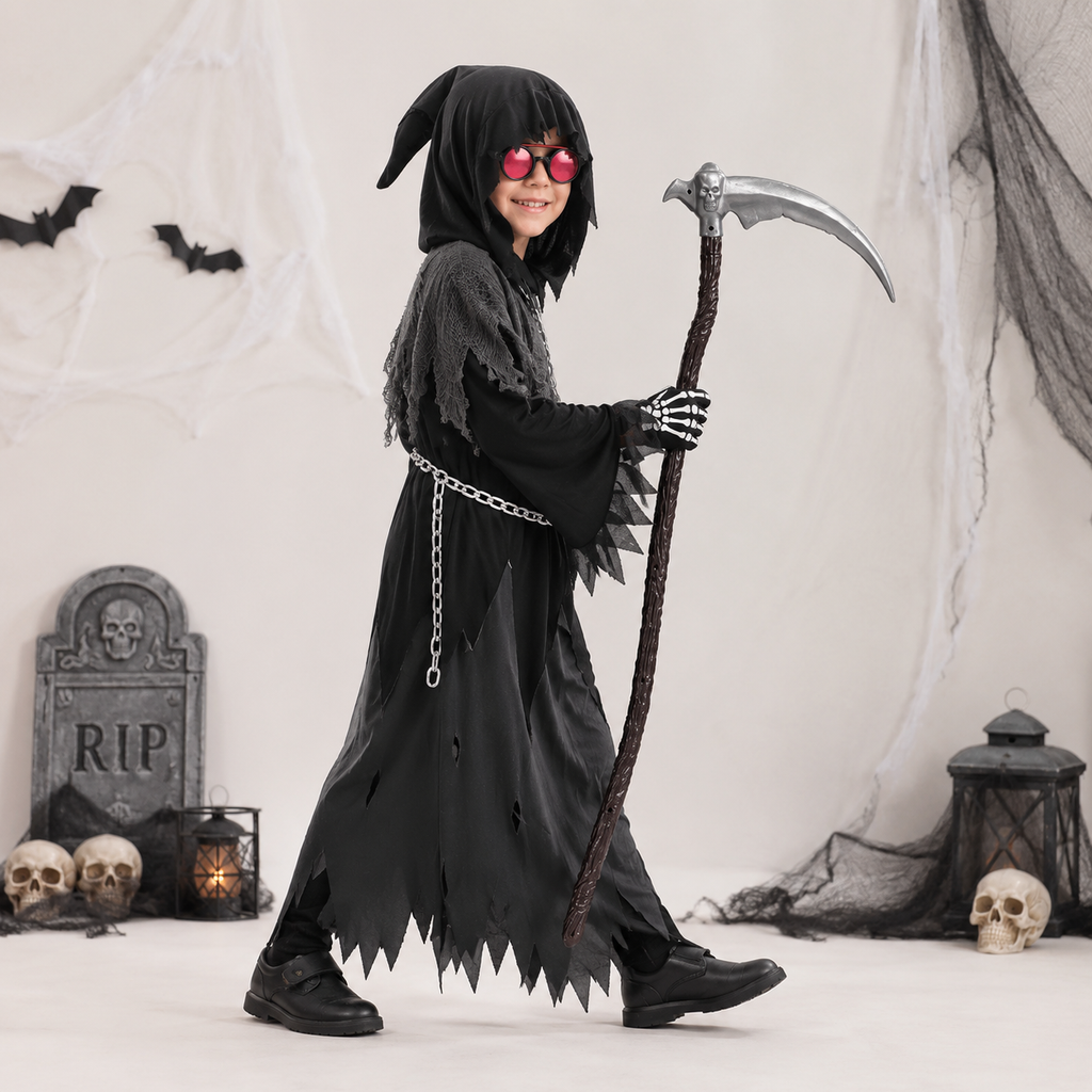 Halloween Dziecięcy Strój żniwiarza z Kosą świecącymi Oczami i Akcesoriami - Image 2