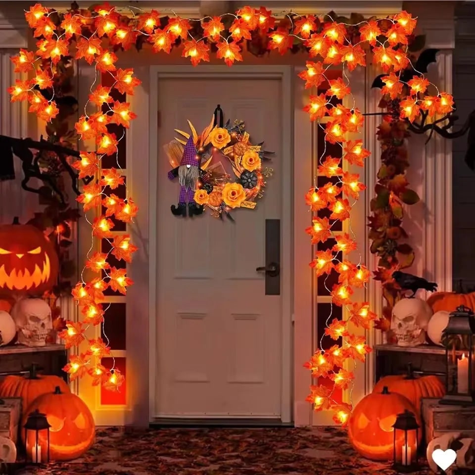 Halloween Girlanda Ogrodowa świetlna LED ze Sztucznymi Liśćmi Klonu do Dekoracji Jesiennej - Image 1