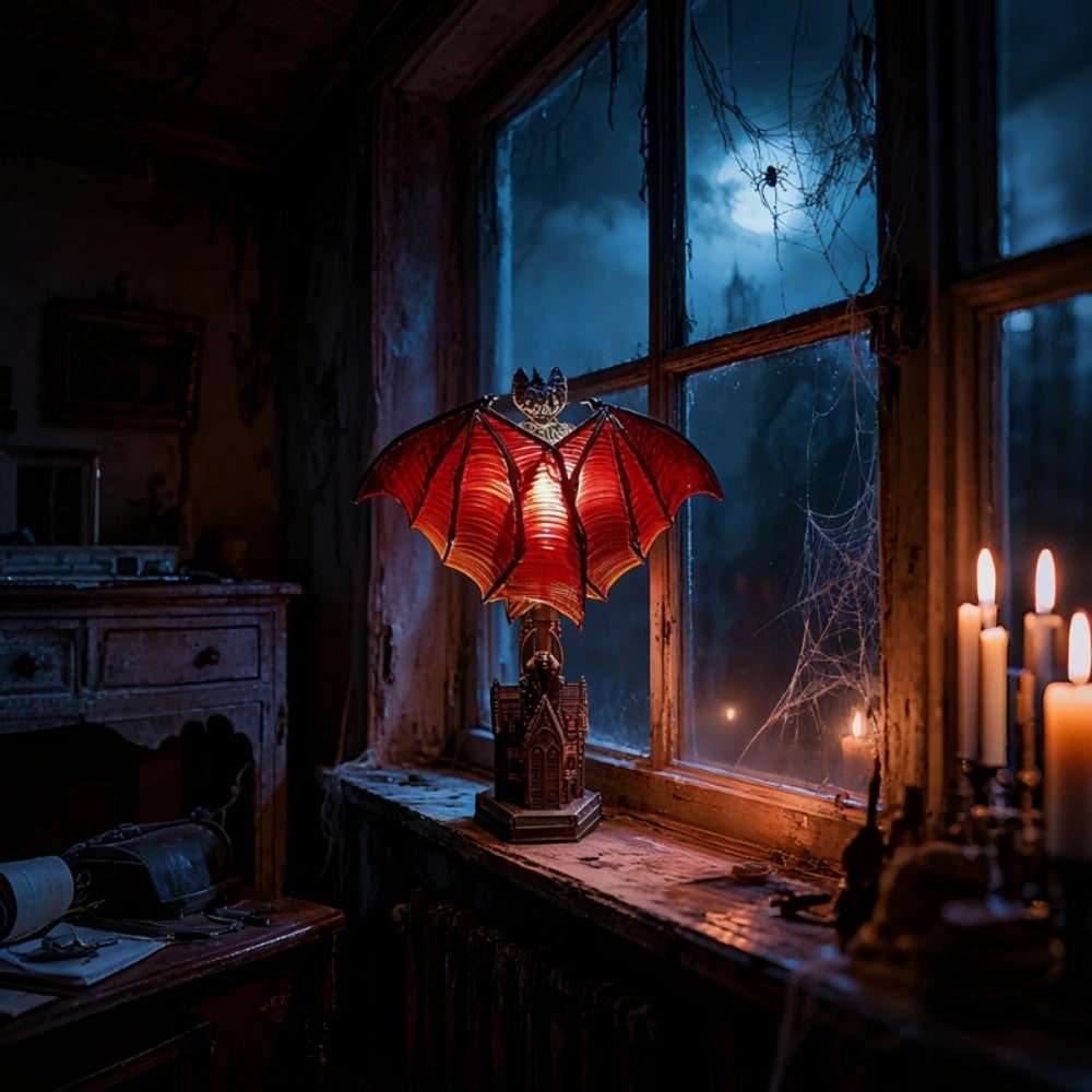 Halloween Gotycka Lampa Stołowa z Kloszem Nietoperza do Dekoracji Wnętrz Lampka - Image 1