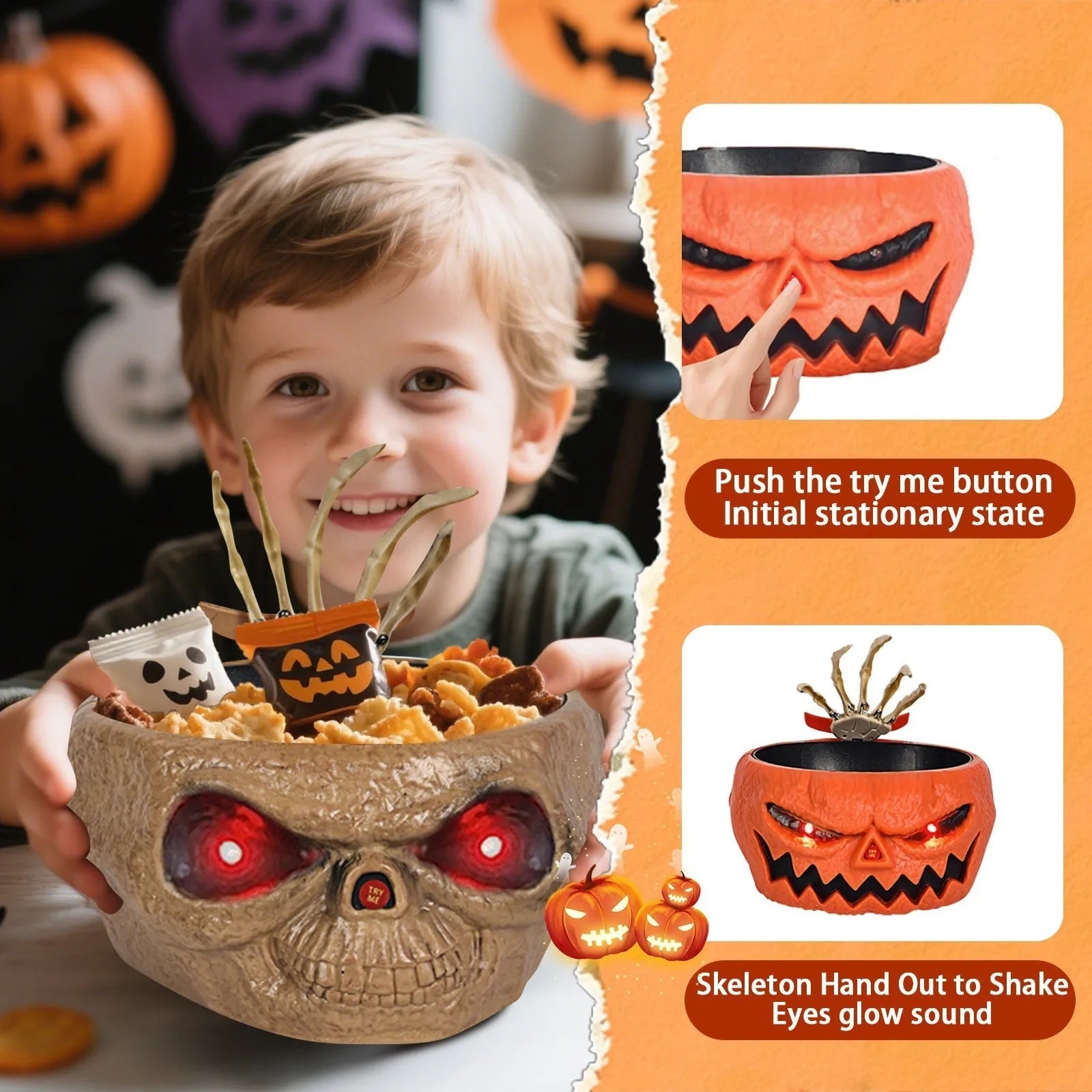 Halloween Interaktywna Miska na Słodycze ze Czujnikiem Ruchu i świecącymi Oczami LED - Image 1