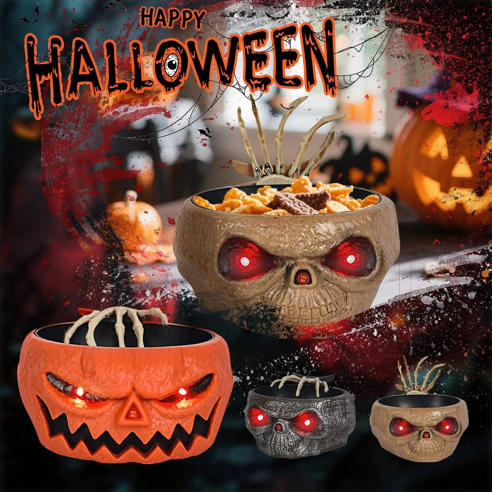 Halloween Interaktywna Miska na Słodycze ze Czujnikiem Ruchu i świecącymi Oczami LED - Image 2
