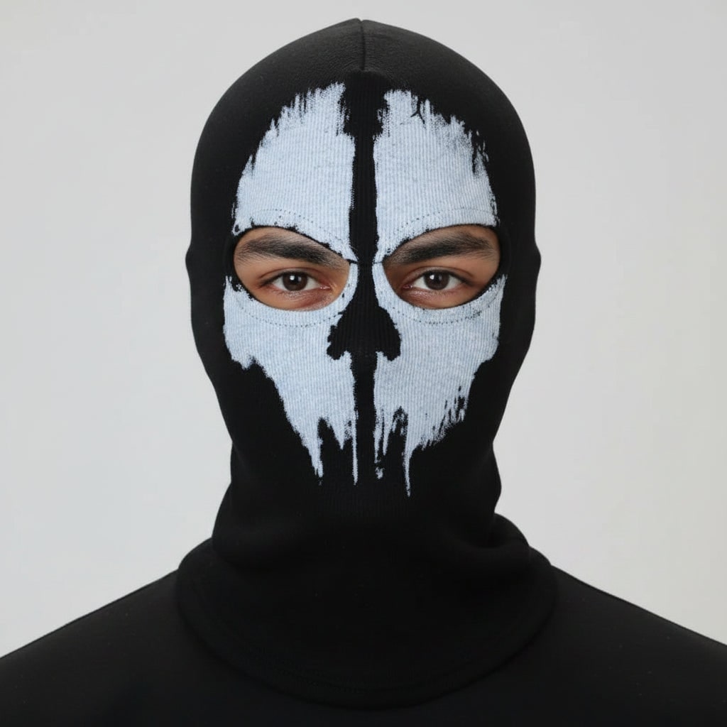 Halloween Kominiarka z Czaszką Motocyklowa Maska Nadrukiem i Otworami na Oczy Czarna Czaszka - Image 1
