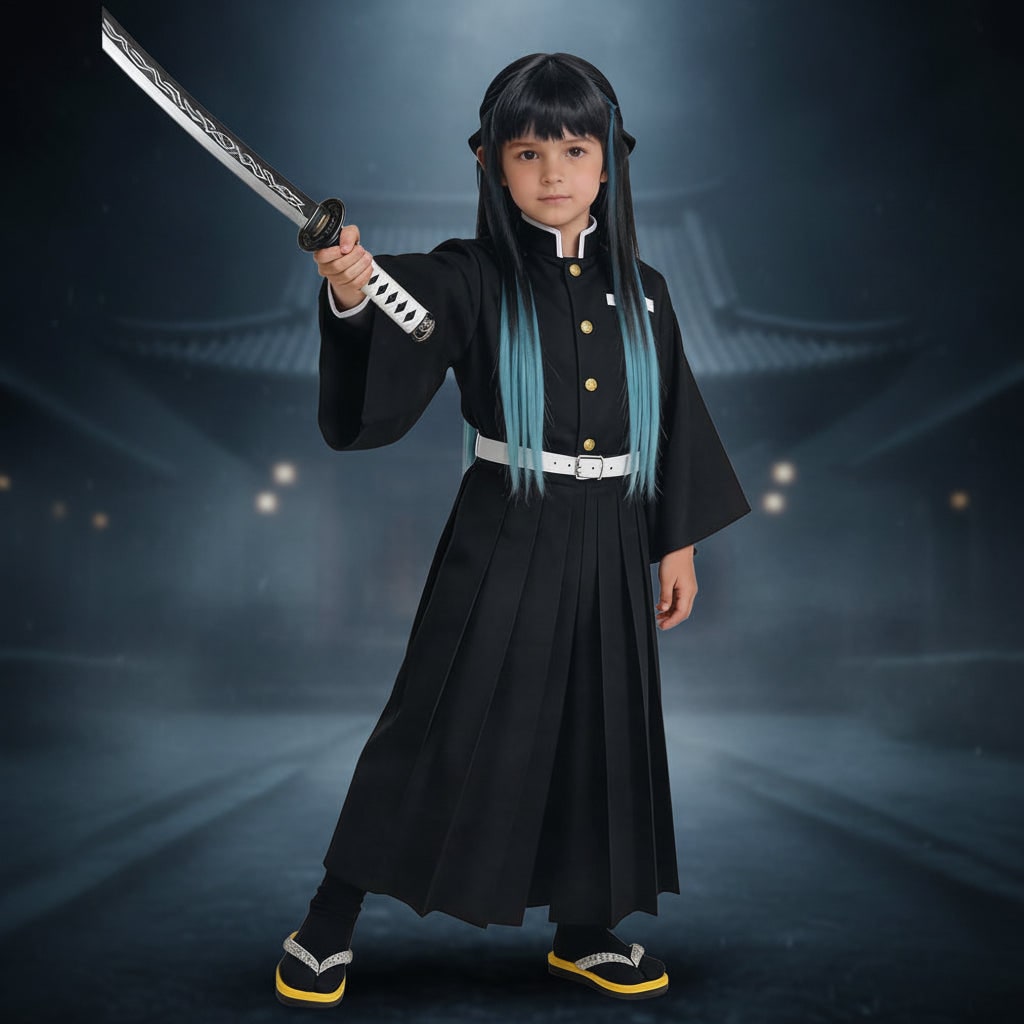 Halloween Kostium Cosplay Anime Strój Samuraja z Szerokimi Rękawami i Peruką Turkusową - Image 1