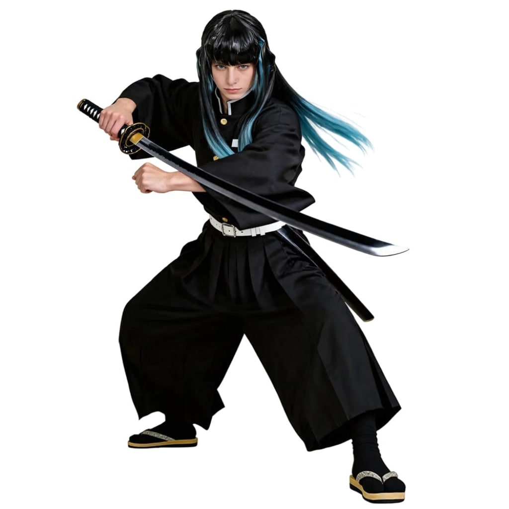 Halloween Kostium Cosplay Anime Strój Samuraja z Szerokimi Rękawami i Peruką Turkusową - Image 6