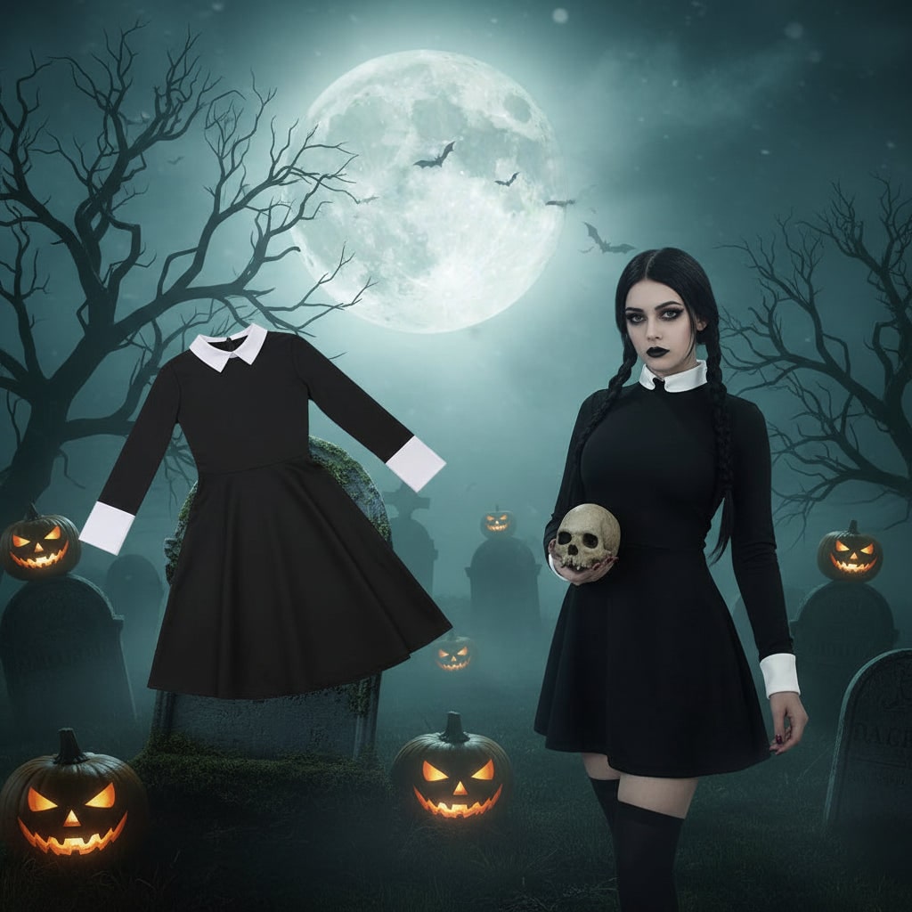 Halloween Kostium Strój Karnawałowy dla Dzieci i Dziewczynki Gotycka Sukienka z Białym Kołnierzykiem - Image 1