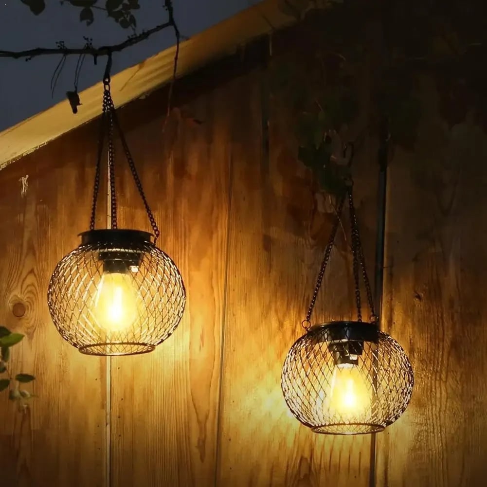 Halloween Lampa Solarna Wisząca Ogrodowa Uliczna z Metalowym Kloszem Siatkowym i LED Retro - Image 1