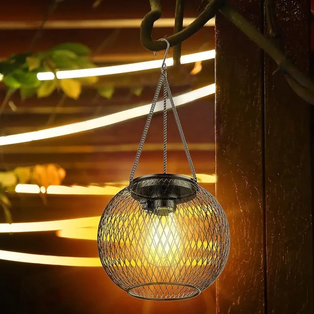 Halloween Lampa Solarna Wisząca Ogrodowa Uliczna z Metalowym Kloszem Siatkowym i LED Retro - Image 3