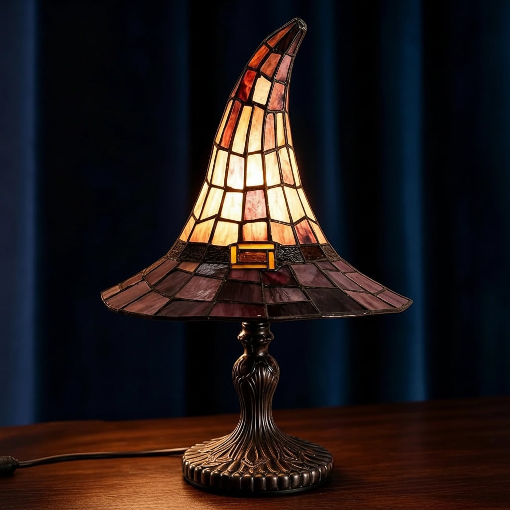 Halloween Lampka Stołowa Witrażowa w Stylu Tiffany Kapelusz Czarownicy Dekoracja Nocna Mała - Image 4