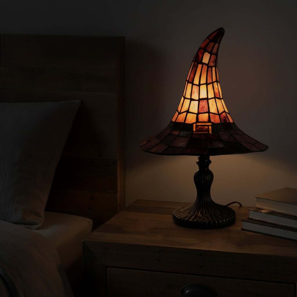 Halloween Lampka Stołowa Witrażowa w Stylu Tiffany Kapelusz Czarownicy Dekoracja Nocna Mała - Image 5