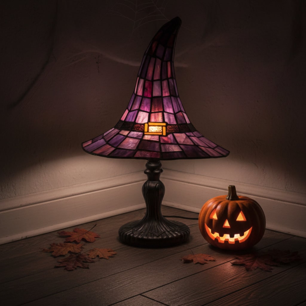 Halloween Lampka Stołowa Witrażowa w Stylu Tiffany Kapelusz Czarownicy Dekoracja Nocna Mała - Image 7