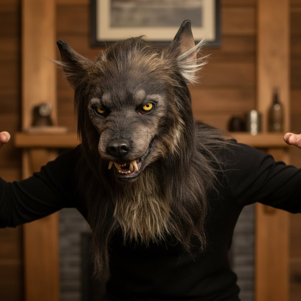 Halloween Maska Wilkołaka ze Sztucznym Futrem i Kłami Groźna na Imprezę - Image 1