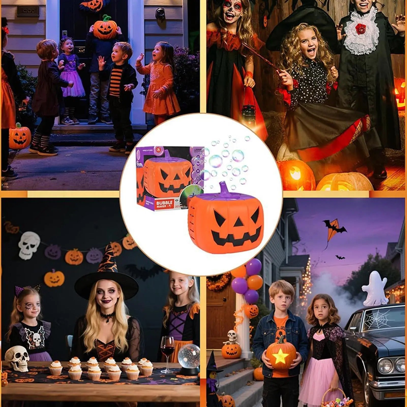 Halloween Maszyna do Baniek Mydlanych w Kształcie Dyni z Podświetleniem LED na Baterie dla Dzieci - Image 1