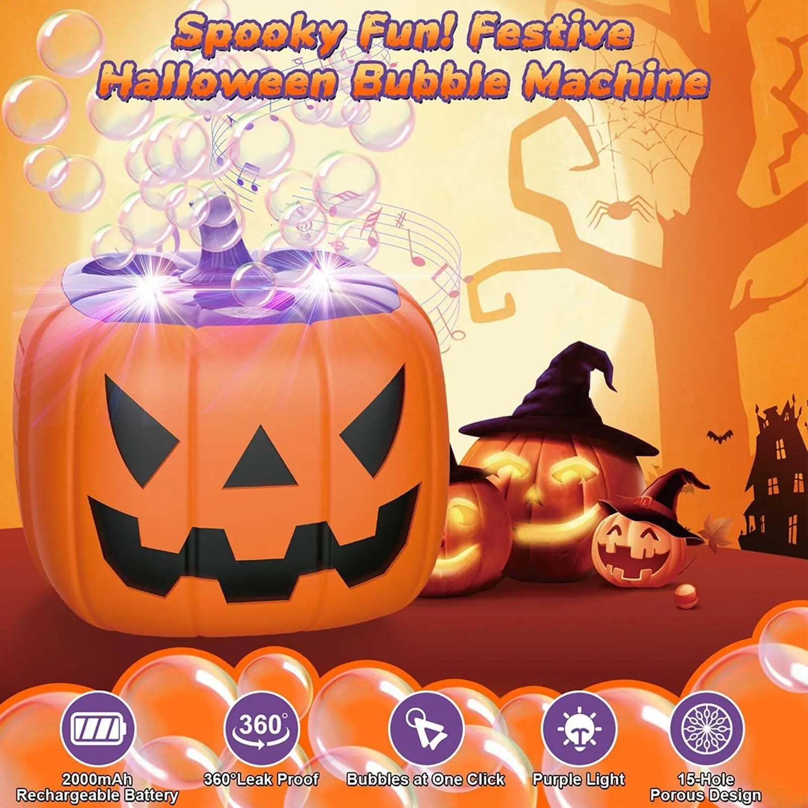 Halloween Maszyna do Baniek Mydlanych w Kształcie Dyni z Podświetleniem LED na Baterie dla Dzieci - Image 12