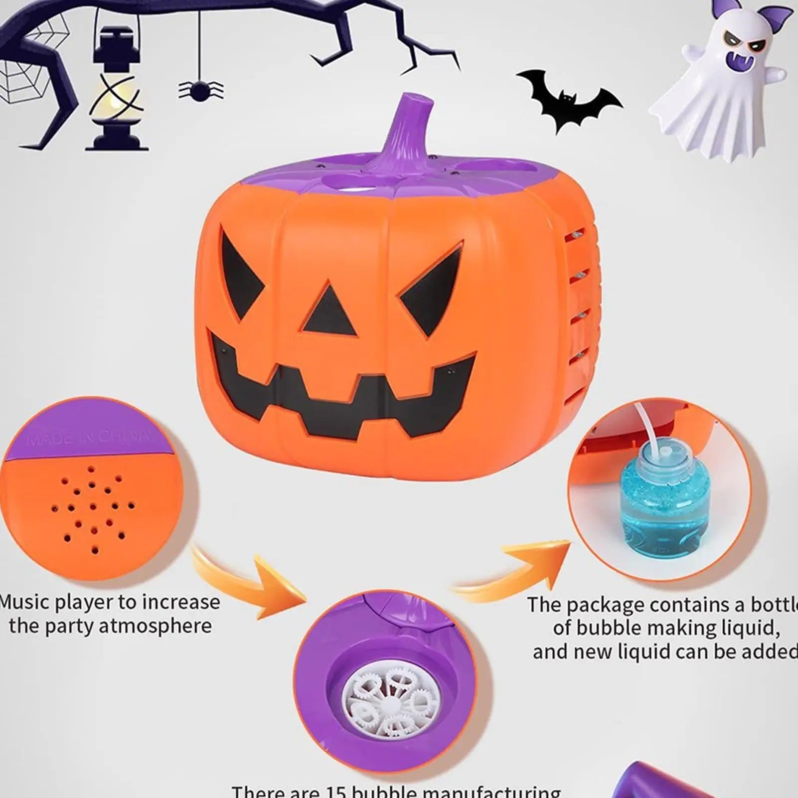 Halloween Maszyna do Baniek Mydlanych w Kształcie Dyni z Podświetleniem LED na Baterie dla Dzieci - Image 13