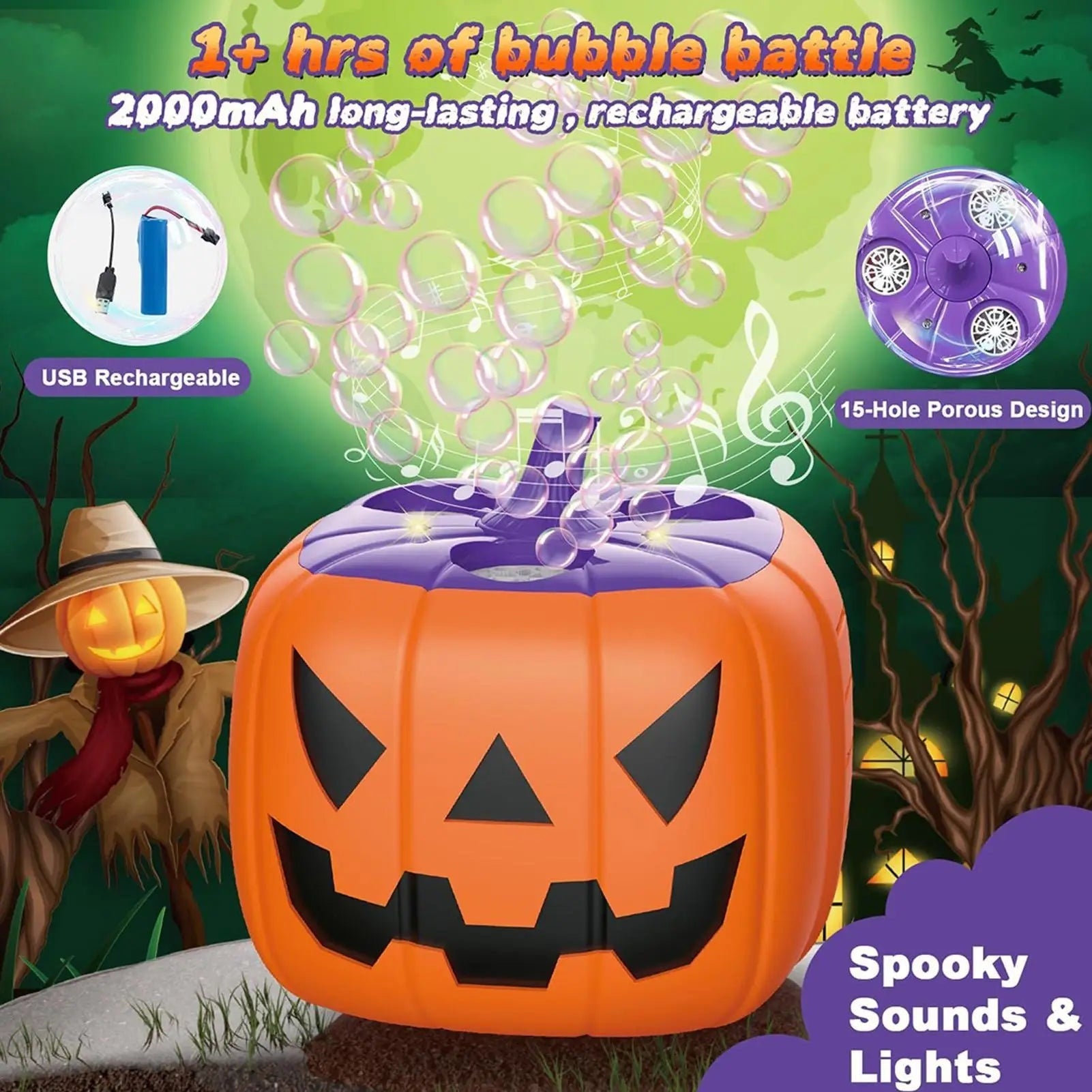 Halloween Maszyna do Baniek Mydlanych w Kształcie Dyni z Podświetleniem LED na Baterie dla Dzieci - Image 15