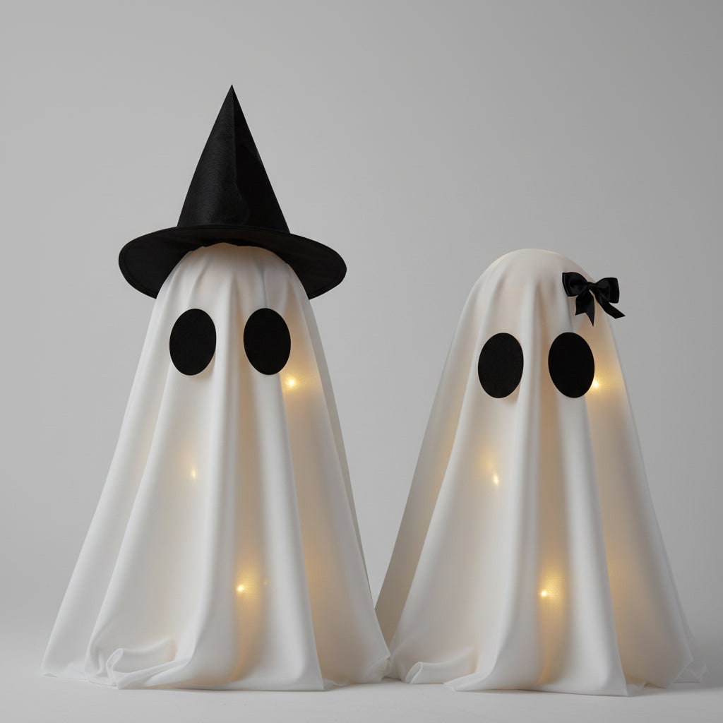 Halloween Ozdoby Dekoracyjne Dwa świecące Duchy z LED i Czarnym Kapeluszem Czarownicy - Image 1