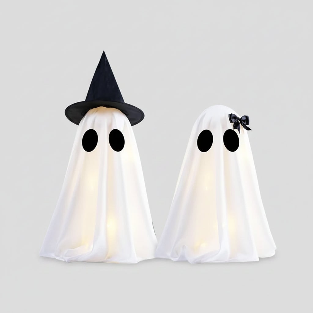 Halloween Ozdoby Dekoracyjne Dwa świecące Duchy z LED i Czarnym Kapeluszem Czarownicy - Image 2