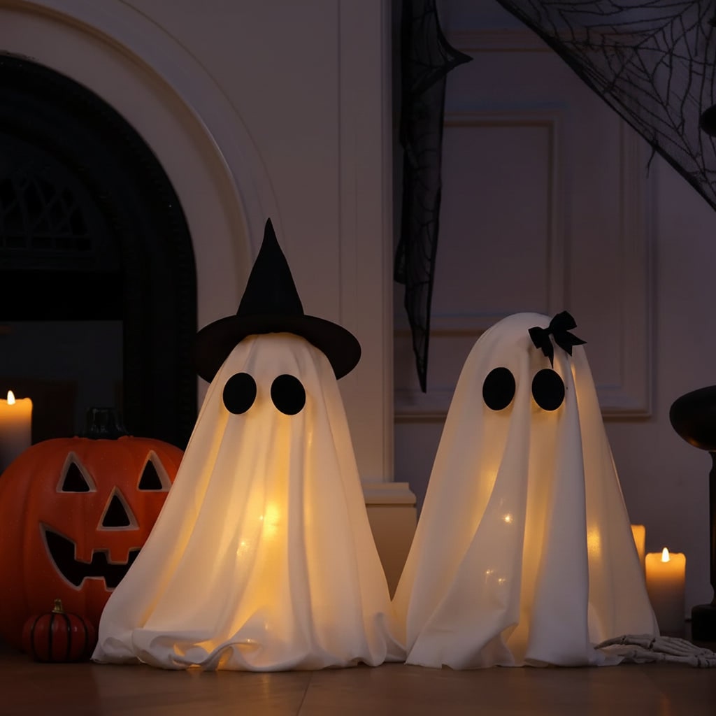 Halloween Ozdoby Dekoracyjne Dwa świecące Duchy z LED i Czarnym Kapeluszem Czarownicy - Image 3