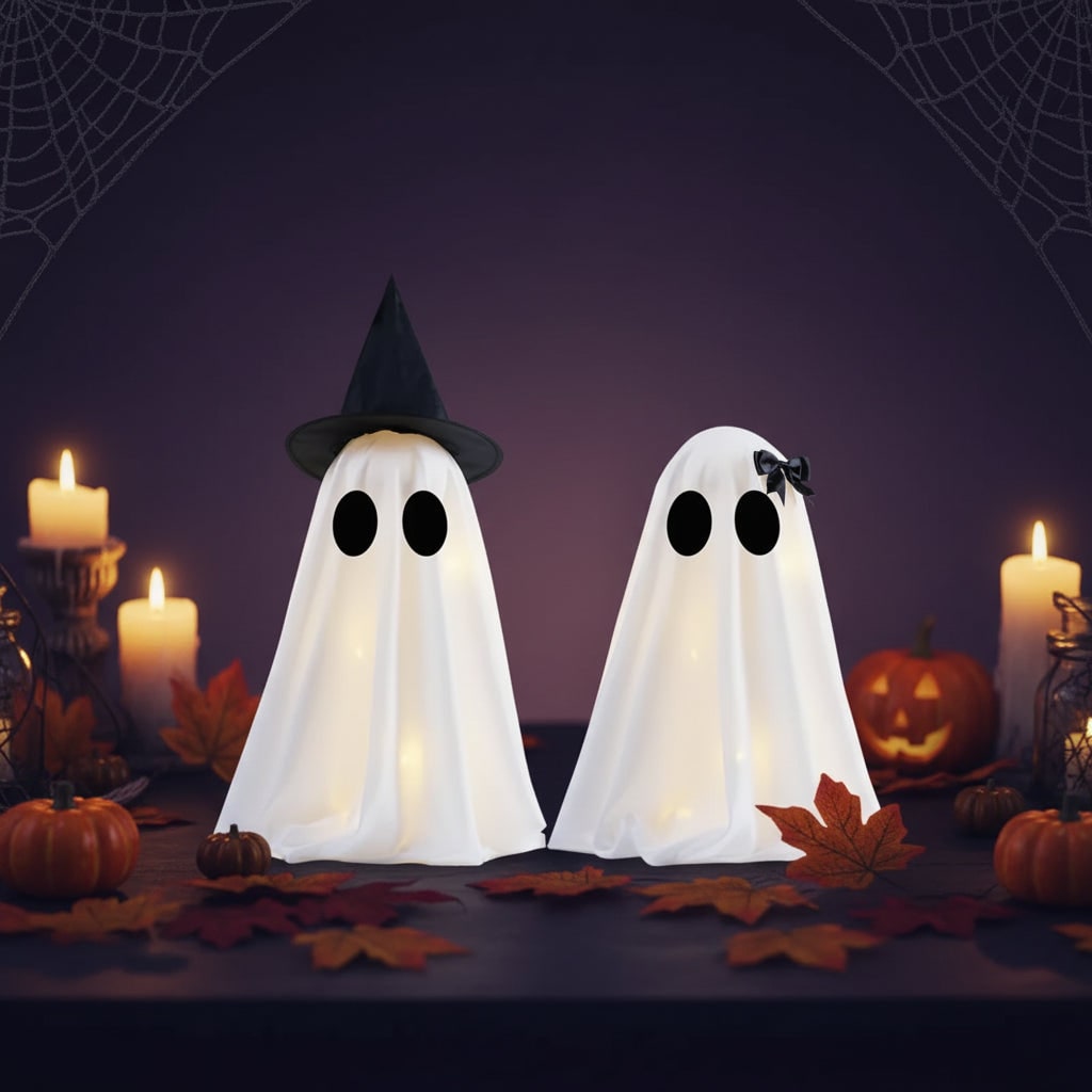 Halloween Ozdoby Dekoracyjne Dwa świecące Duchy z LED i Czarnym Kapeluszem Czarownicy - Image 4