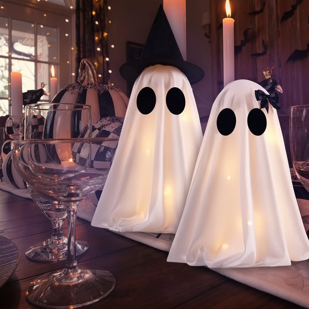 Halloween Ozdoby Dekoracyjne Dwa świecące Duchy z LED i Czarnym Kapeluszem Czarownicy - Image 5