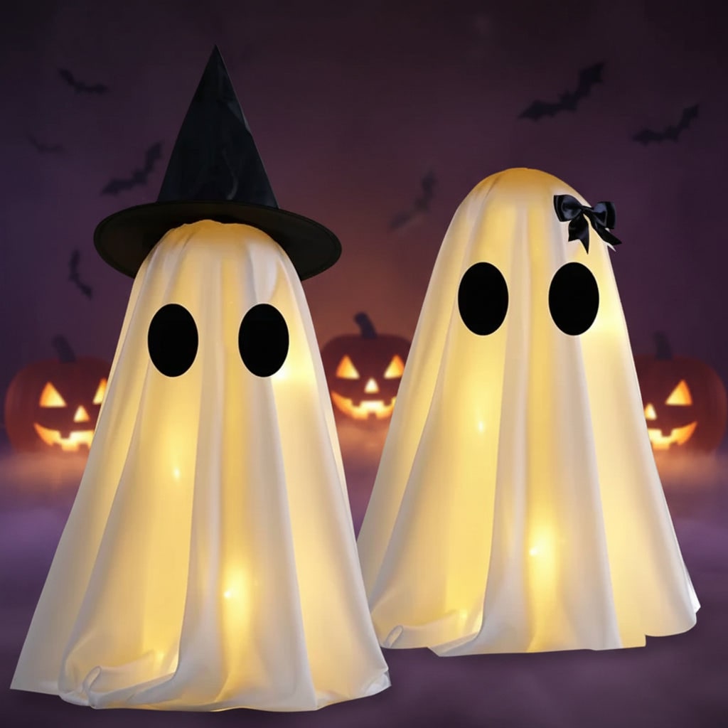 Halloween Ozdoby Dekoracyjne Dwa świecące Duchy z LED i Czarnym Kapeluszem Czarownicy - Image 6