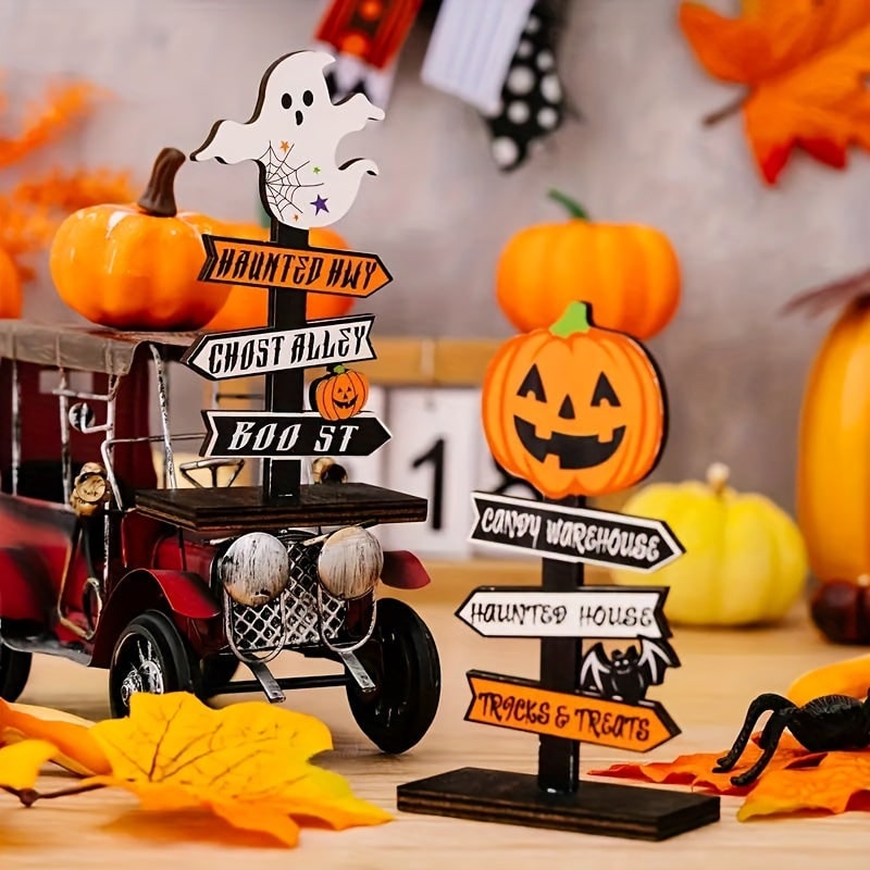 Halloween Ozdoby Drogowskaz Drewniany ze Strzałkami Kierunkowymi i Napisami na Stół - Image 6