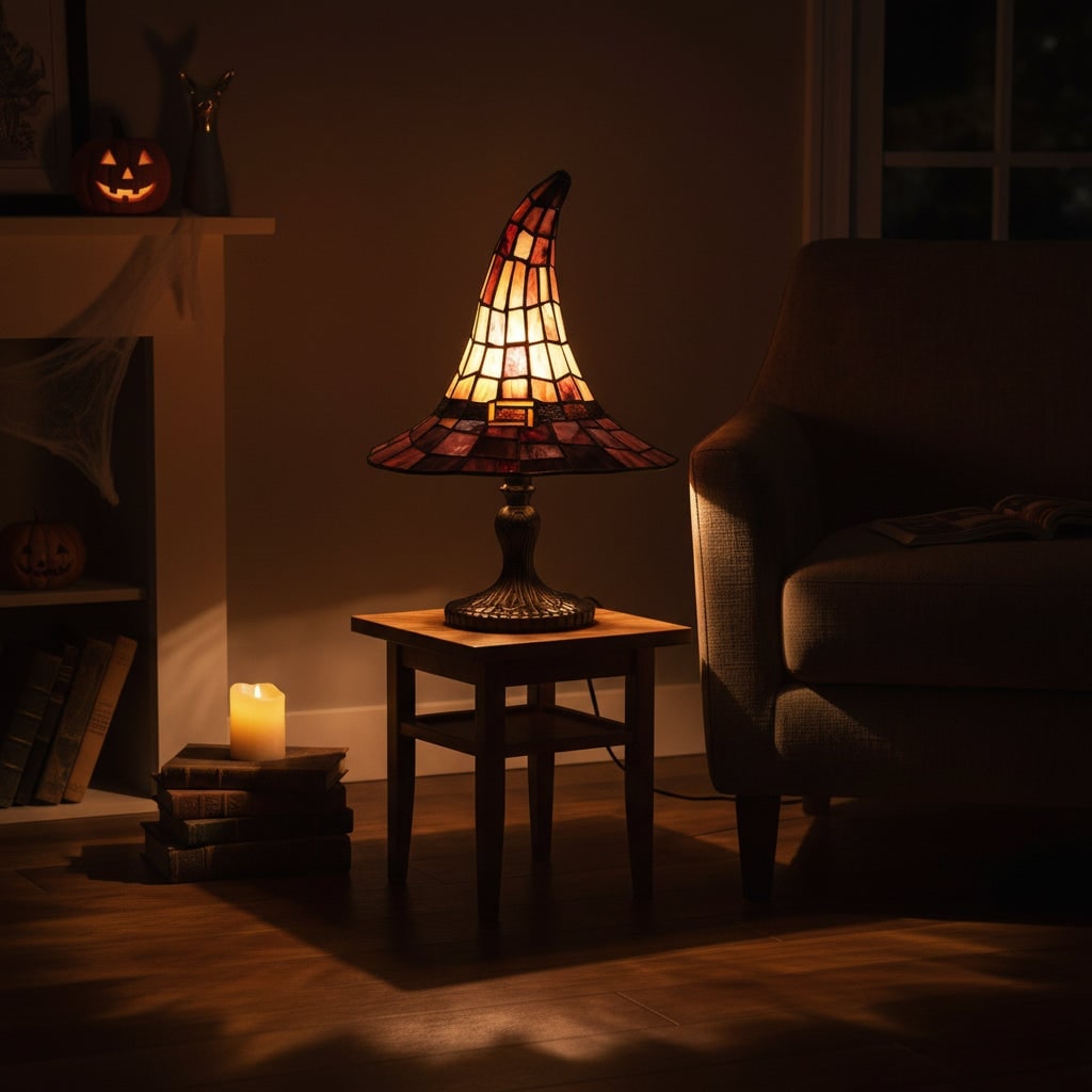 Halloween Ozdoby Lampka Stołowa Kształt Kapelusza Czarownicy Witrażowa - Image 1