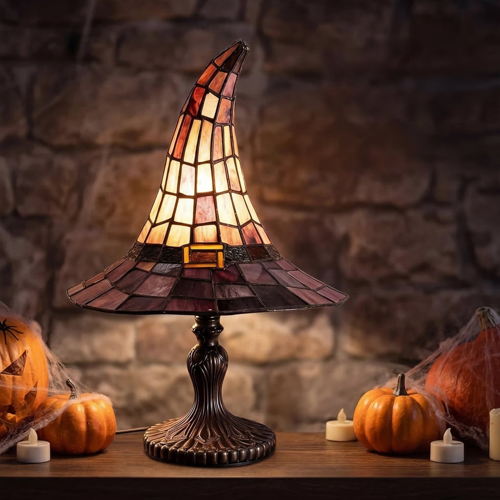 Halloween Ozdoby Lampka Stołowa Kształt Kapelusza Czarownicy Witrażowa - Image 2