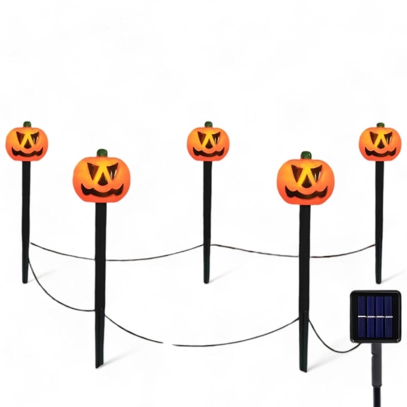 Halloween Solarne Lampki Ogrodowe w Kształcie Dyni LED Zestaw 5 Sztuk - Image 2