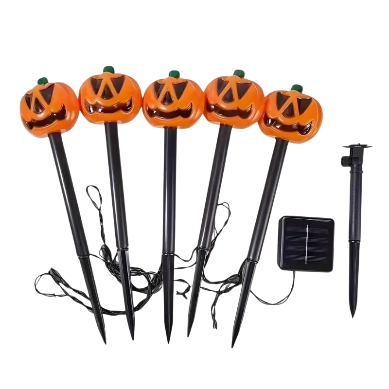 Halloween Solarne Lampki Ogrodowe w Kształcie Dyni Zestaw 5 Sztuk do Dekoracji Ogrodu - Image 1