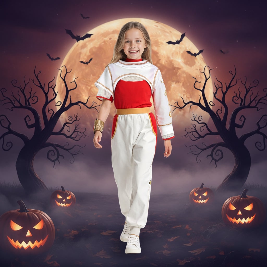 Halloween Strój Cosplay Damski z Białym Kombinezonem Peruką Blond i Złotym Karwaszem - Image 1