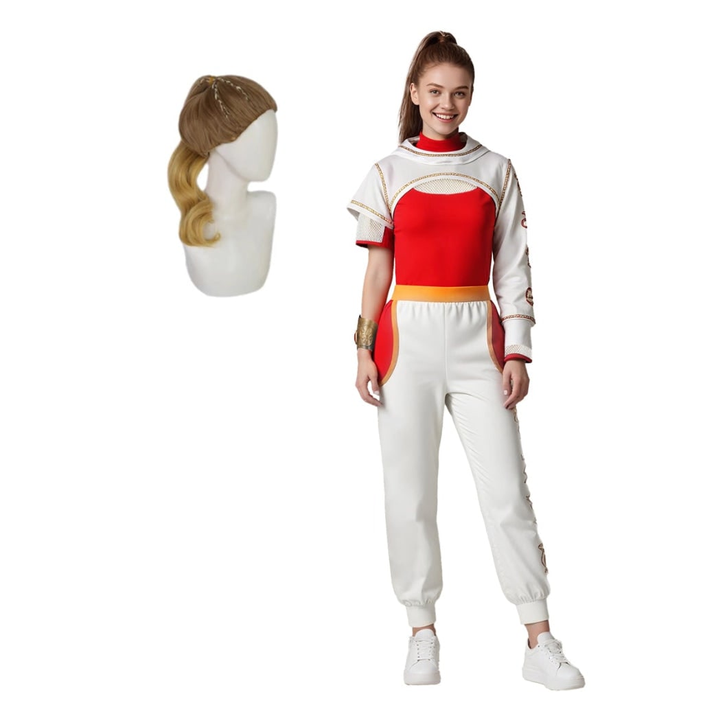 Halloween Strój Cosplay Damski z Białym Kombinezonem Peruką Blond i Złotym Karwaszem - Image 4