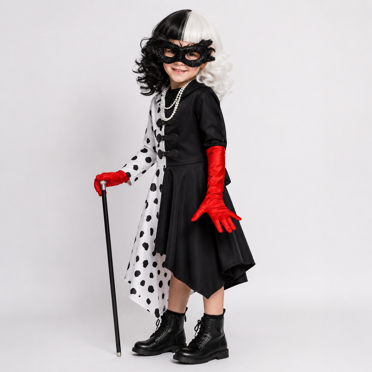 Halloween Strój Karnawałowy dla Dzieci i Dziewczynki Cruelli z Kapturem w Plamy Dalmatyńczyka - Image 1