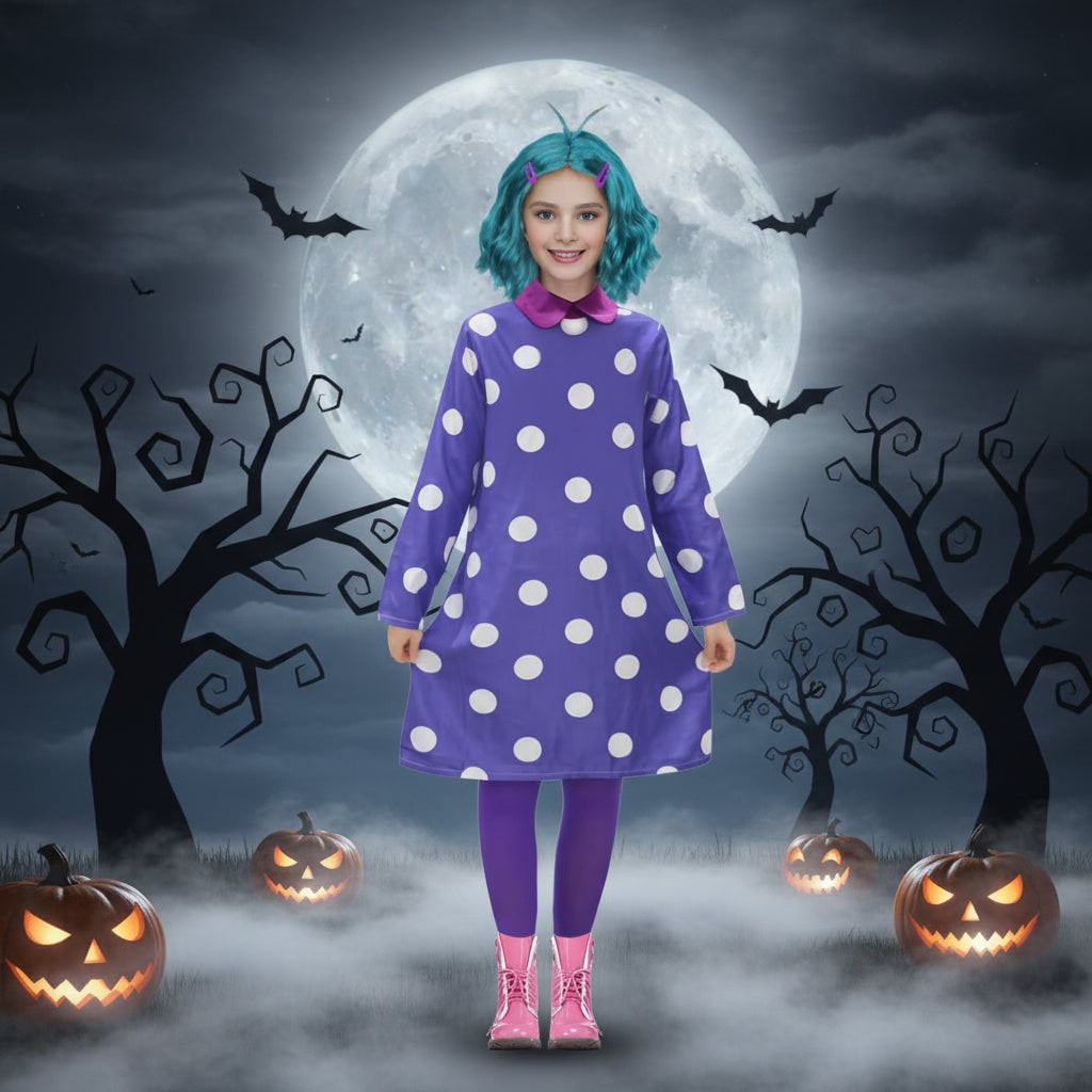 Halloween Strój Karnawałowy dla Dzieci Kostium na z Fioletową Sukienką w Groszki i Turkusową Peruką - Image 1