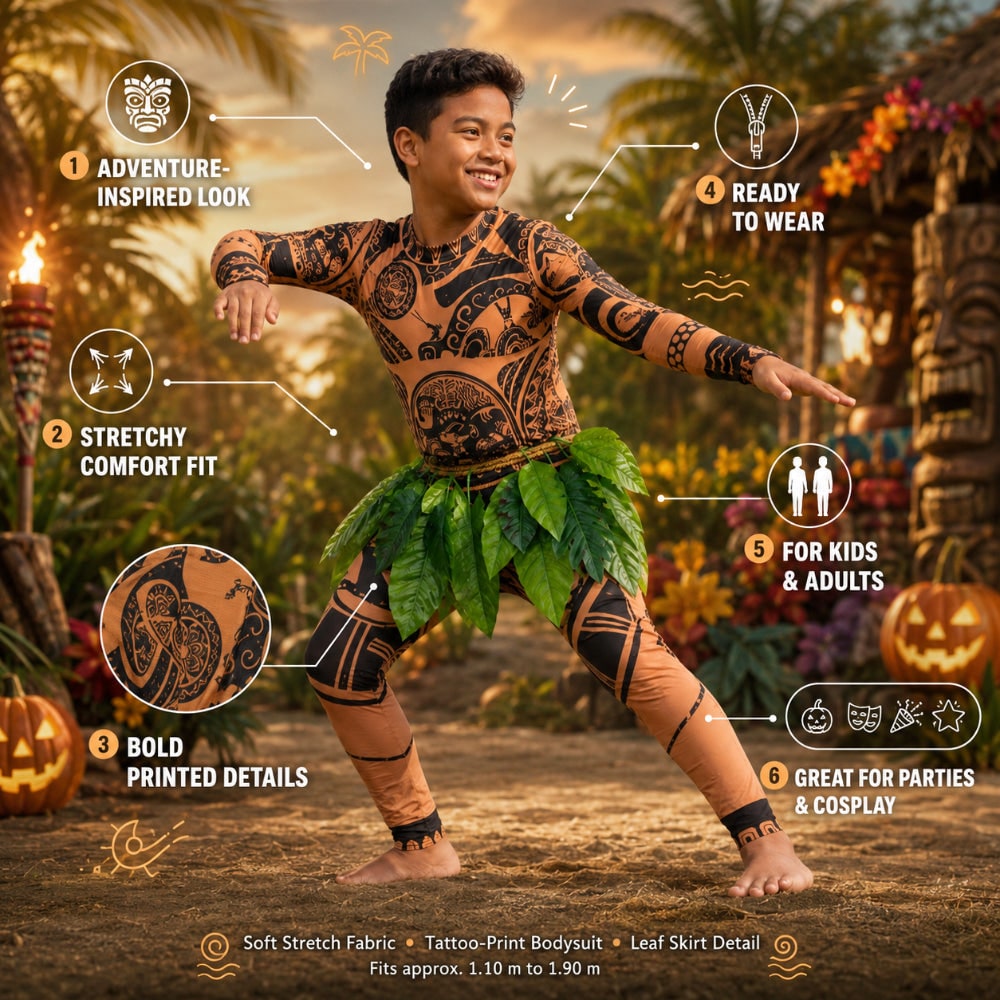 Halloween Strój Karnawałowy dla Dzieci Maui z Tatuażami Kombinezon i Spódnicą Liści - Image 4