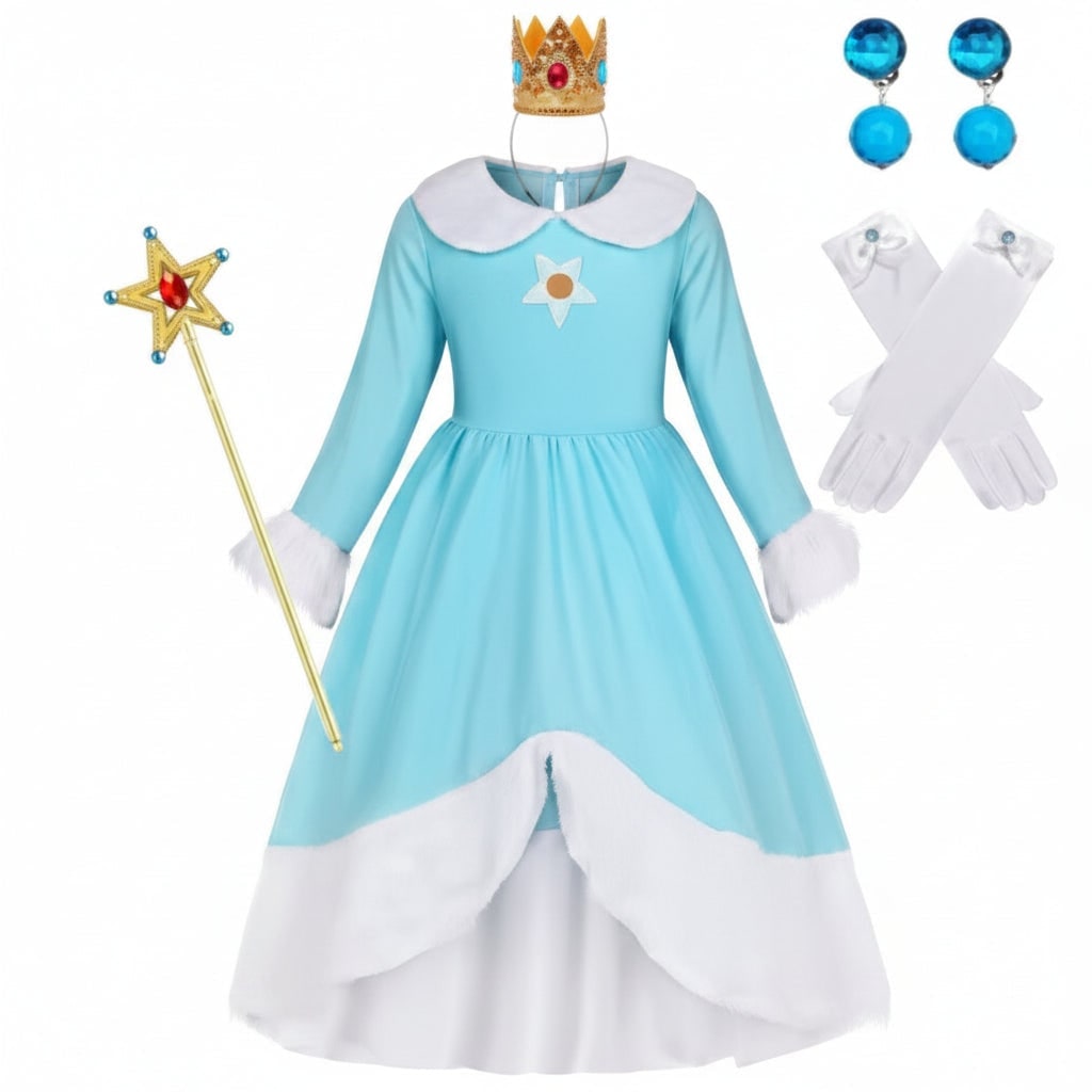 Halloween Strój Karnawałowy dla Dziewczynki Księżniczka z Sukienką Niebieską Koroną i Różdżką - Image 6