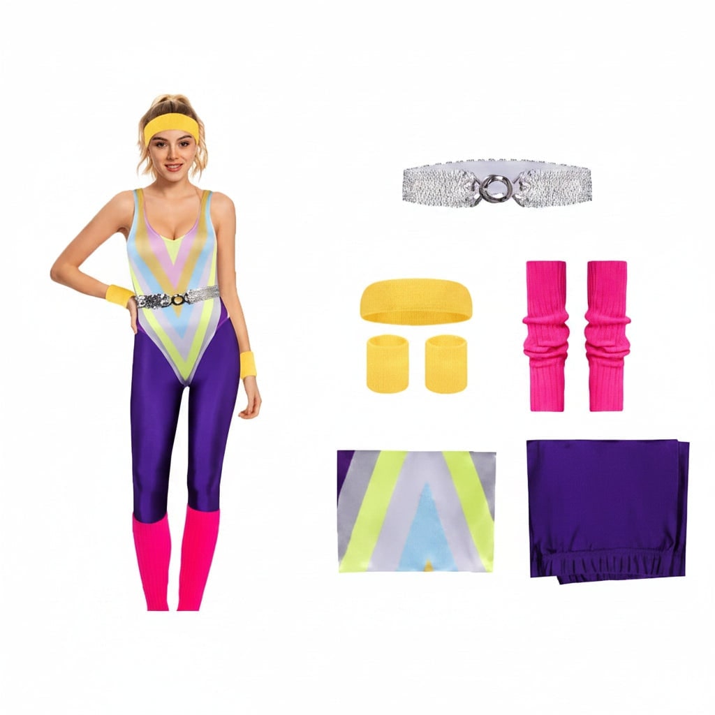 Halloween Strój Lata 80 z Body i Getrami Neonowe Kolory Retro Fitness Kostium Impreza dla Dziewczynek - Image 2
