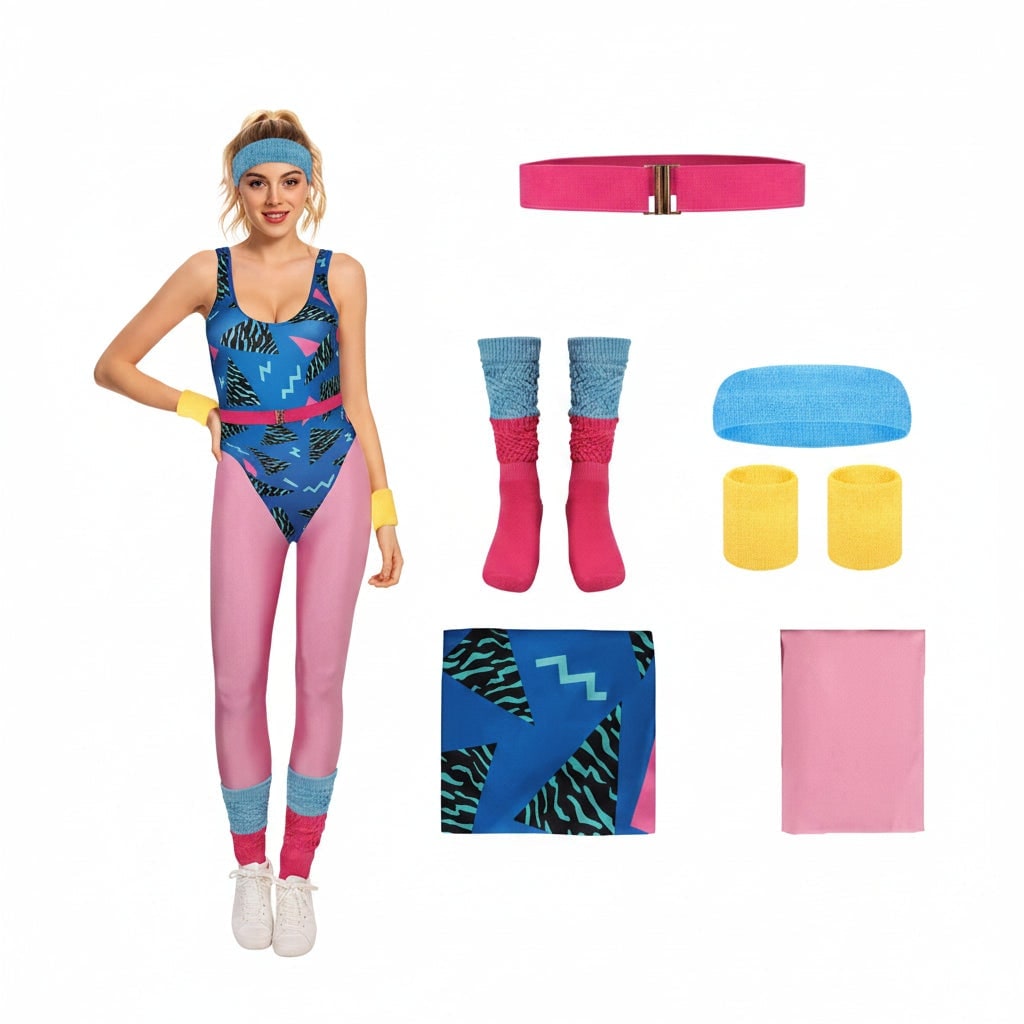 Halloween Strój Lata 80 z Body i Getrami Neonowe Kolory Retro Fitness Kostium Impreza dla Dziewczynek - Image 5