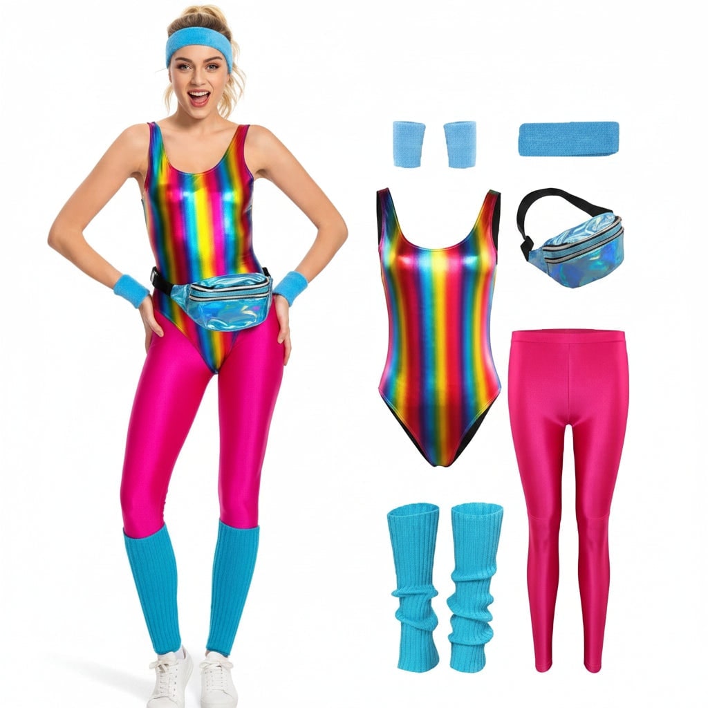 Halloween Strój Lata 80 z Body i Getrami Neonowe Kolory Retro Fitness Kostium Impreza dla Dziewczynek - Image 7