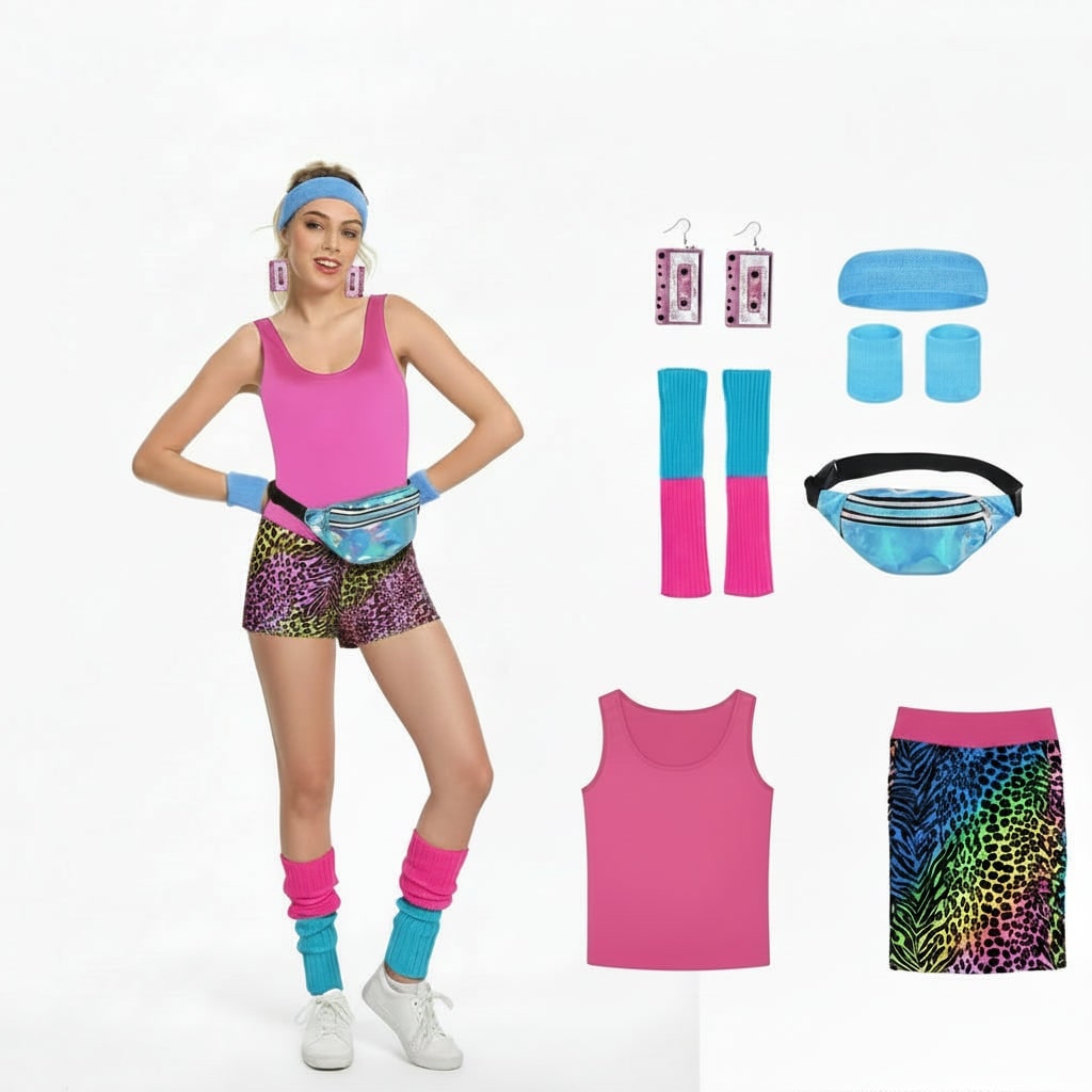 Halloween Strój Lata 80 z Body i Getrami Neonowe Kolory Retro Fitness Kostium Impreza dla Dziewczynek - Image 8