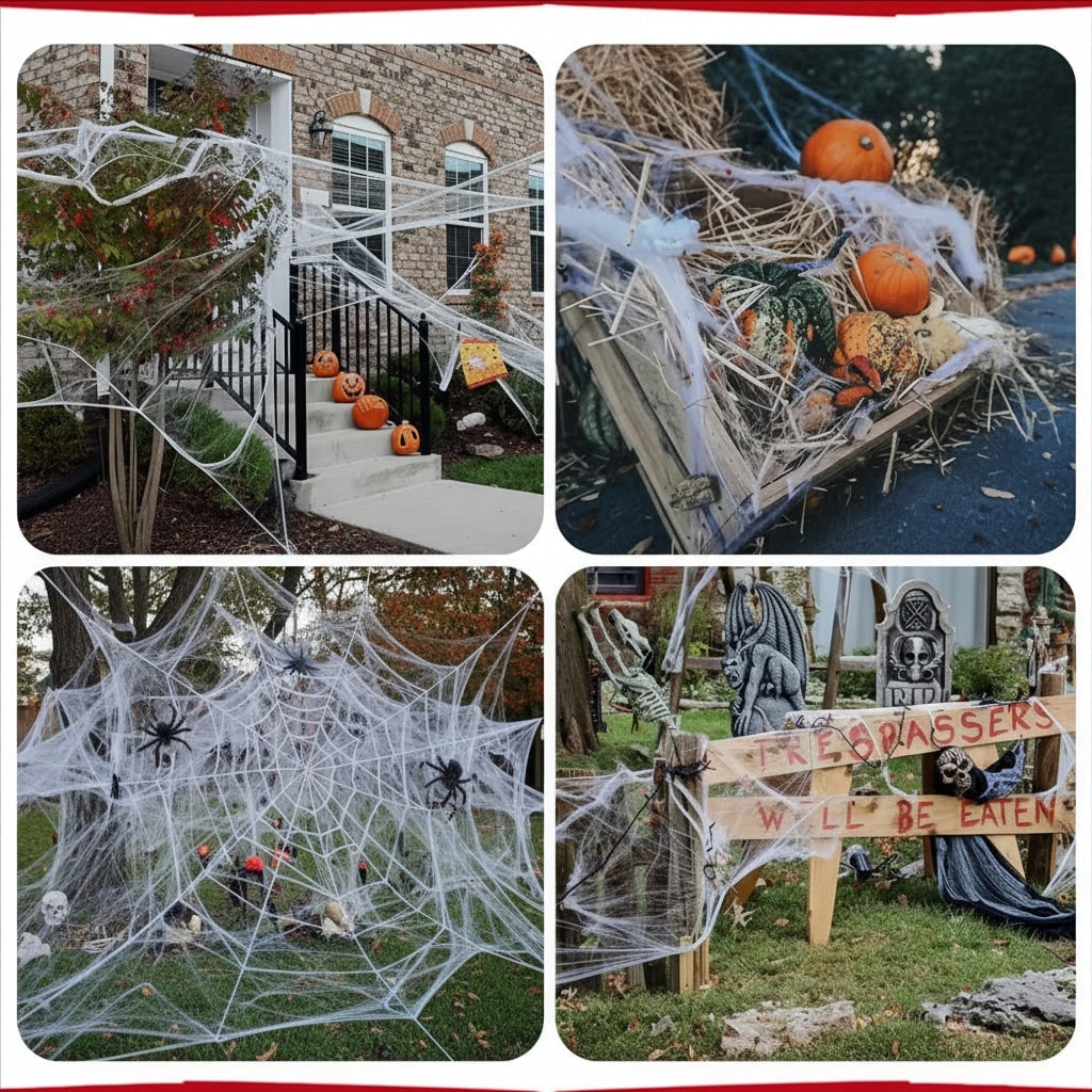 Halloween Sztuczna Pajęczyna z Pająkami Dekoracja Ogrodowa i Wewnętrzna - Image 3