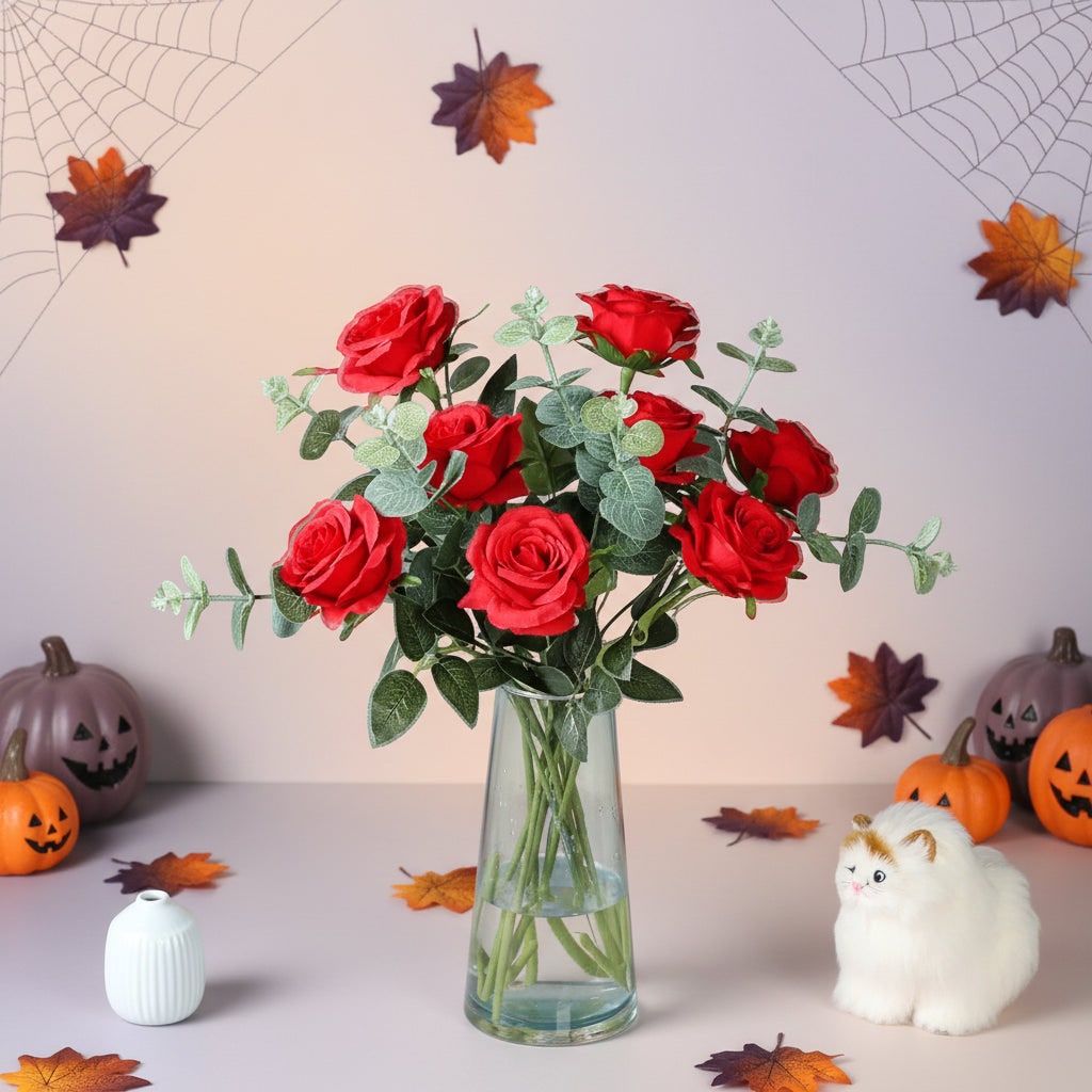 Halloween Sztuczne Kwiaty Róże Jak żywe do Wazonu z Realistycznymi Liśćmi i Rozwinętymi Pąkami - Image 10