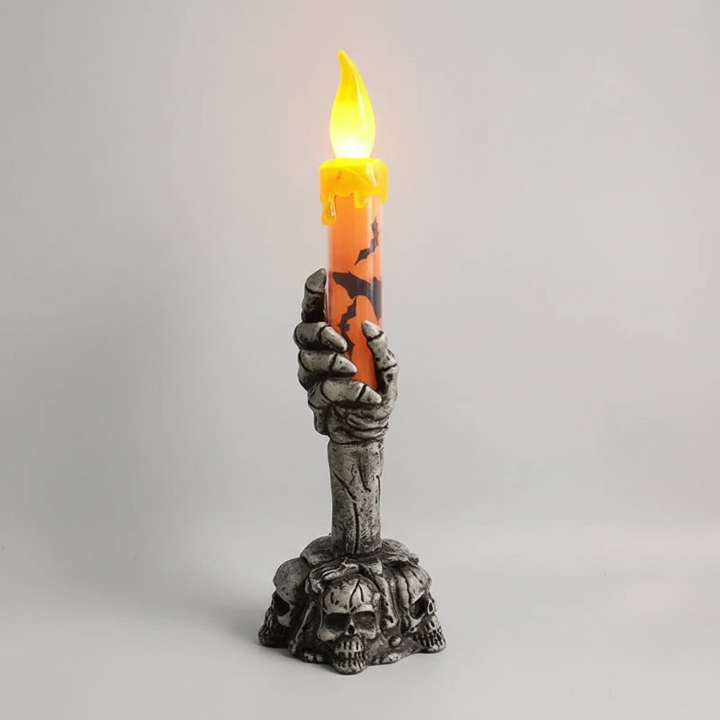 Halloween świeca LED w Dłoni Kościotrupa z Nietoperzami i Czaszkami Dekoracyjna - Image 1