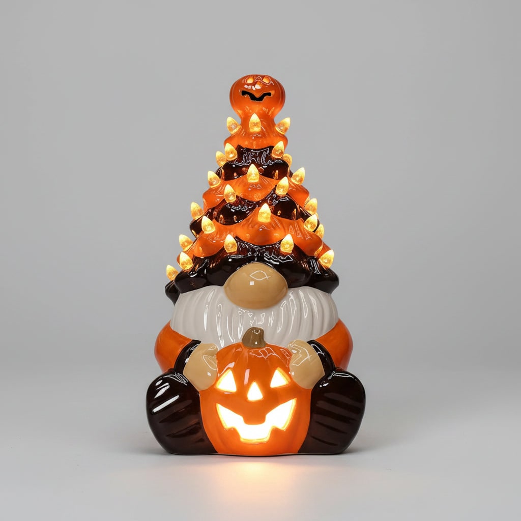 Halloween świecąca Figurka Krasnala Ceramiczna z Dyniami do Dekoracji - Image 1
