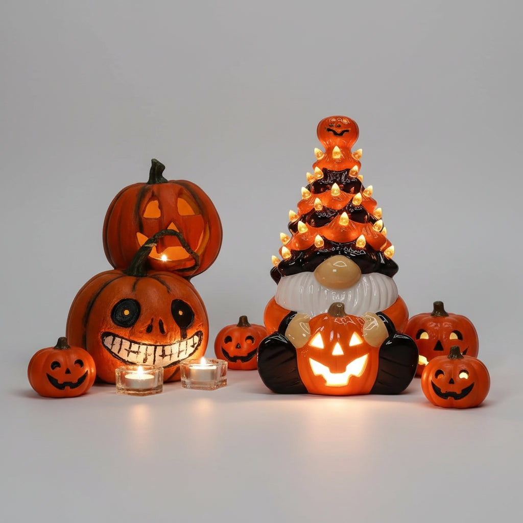 Halloween świecąca Figurka Krasnala Ceramiczna z Dyniami do Dekoracji - Image 2