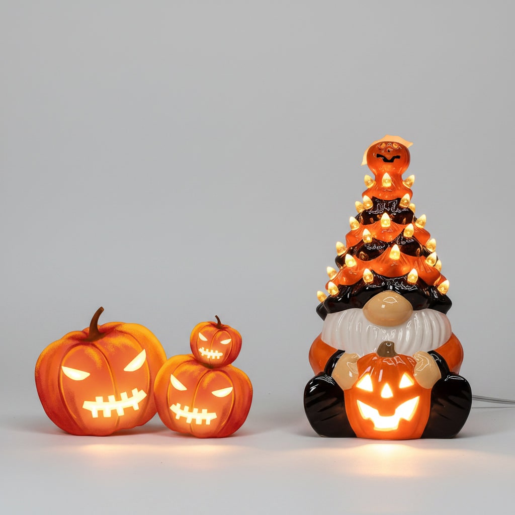 Halloween świecąca Figurka Krasnala Ceramiczna z Dyniami do Dekoracji - Image 5