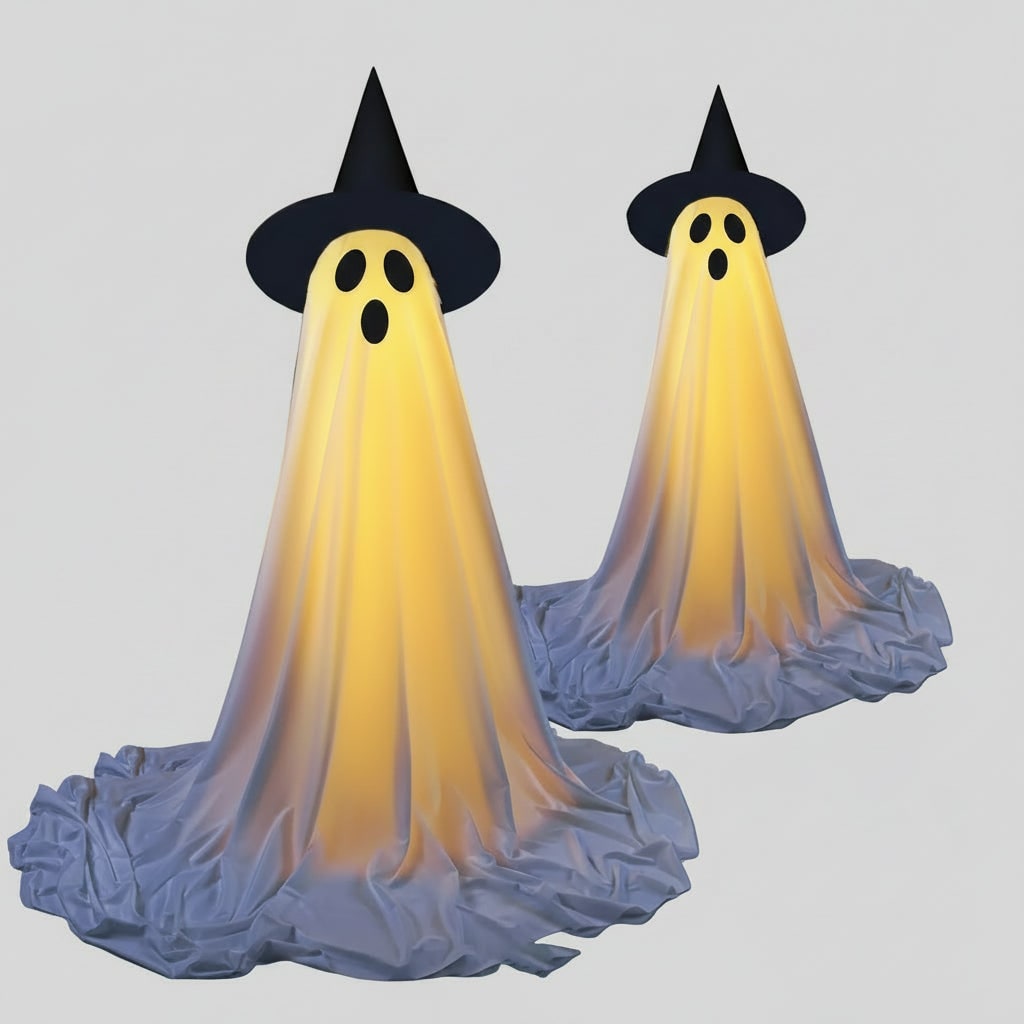 Halloween świecący Duch Dekoracyjny z Teleskopowym Stojakiem i Kapeluszem Czarownicy - Image 1