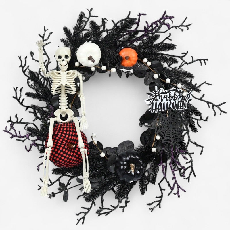 Halloween Wieniec na Drzwi ze Szkieletem i Dyniami Czarna Dekoracja - Image 1